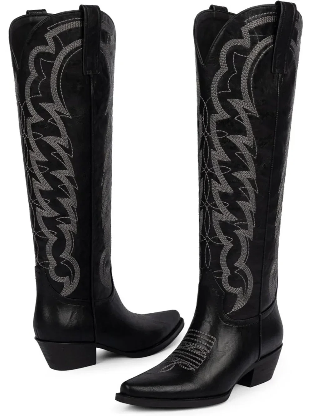 Women's Black Cowboy Knee High Boots Pointed Wide Calf Chunky Heel Cowgirl